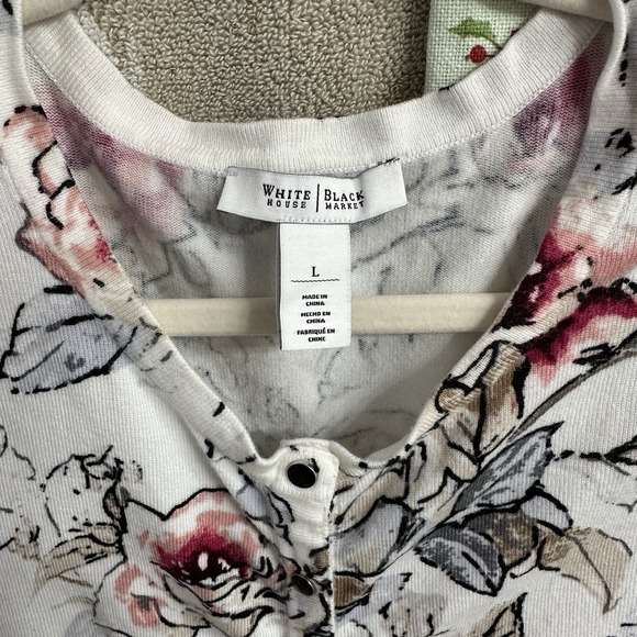 White House Black Market Floral Cardigan Sz L Black Snaps Ivory Pink Taupe - Picture 7 of 7